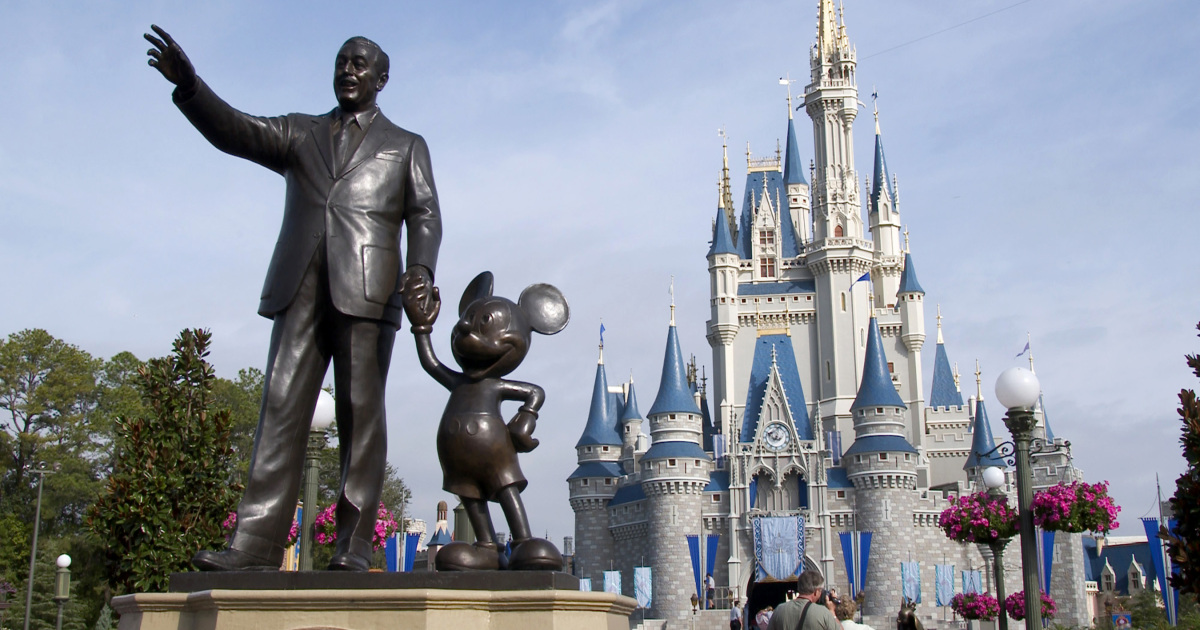 A statue of Walt Disney and Mickey Mouse stands in front of